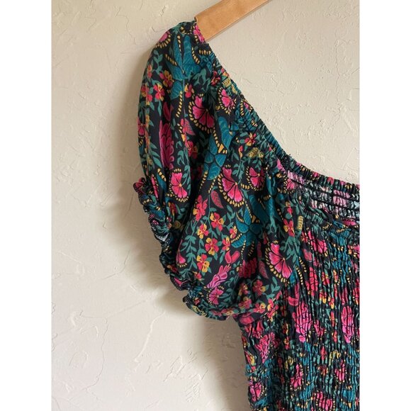 MARGAUX RIVIERA Black Floral Smocked Midi Dress Size Medium - Picture 7 of 9